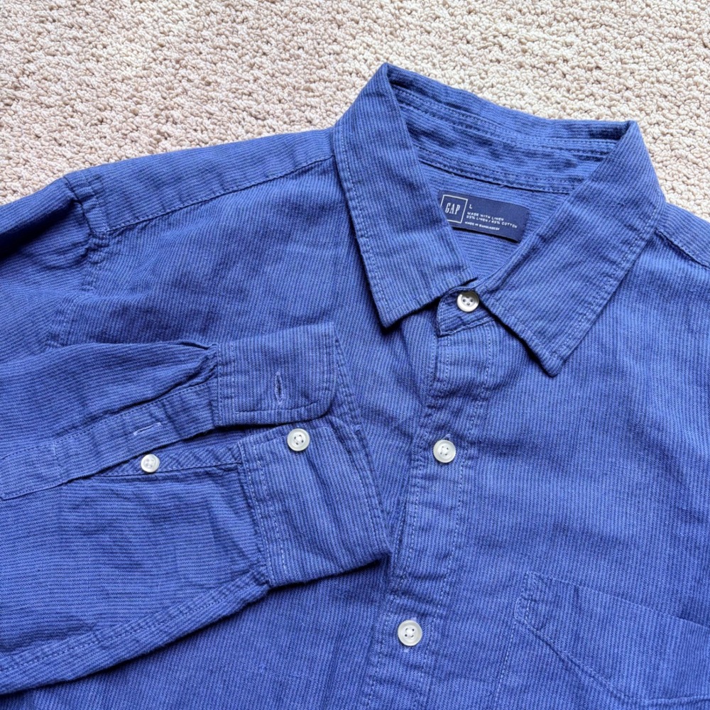 Gap Mens L Linen Cotton Blend Long Sleeve Button Down Shirt Blue